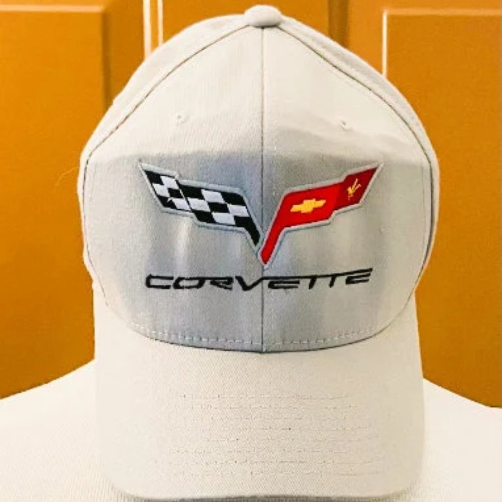 Corvette Cap, Gray FLEXFIT Embroidered Name Logo and Flags, Gray Cap